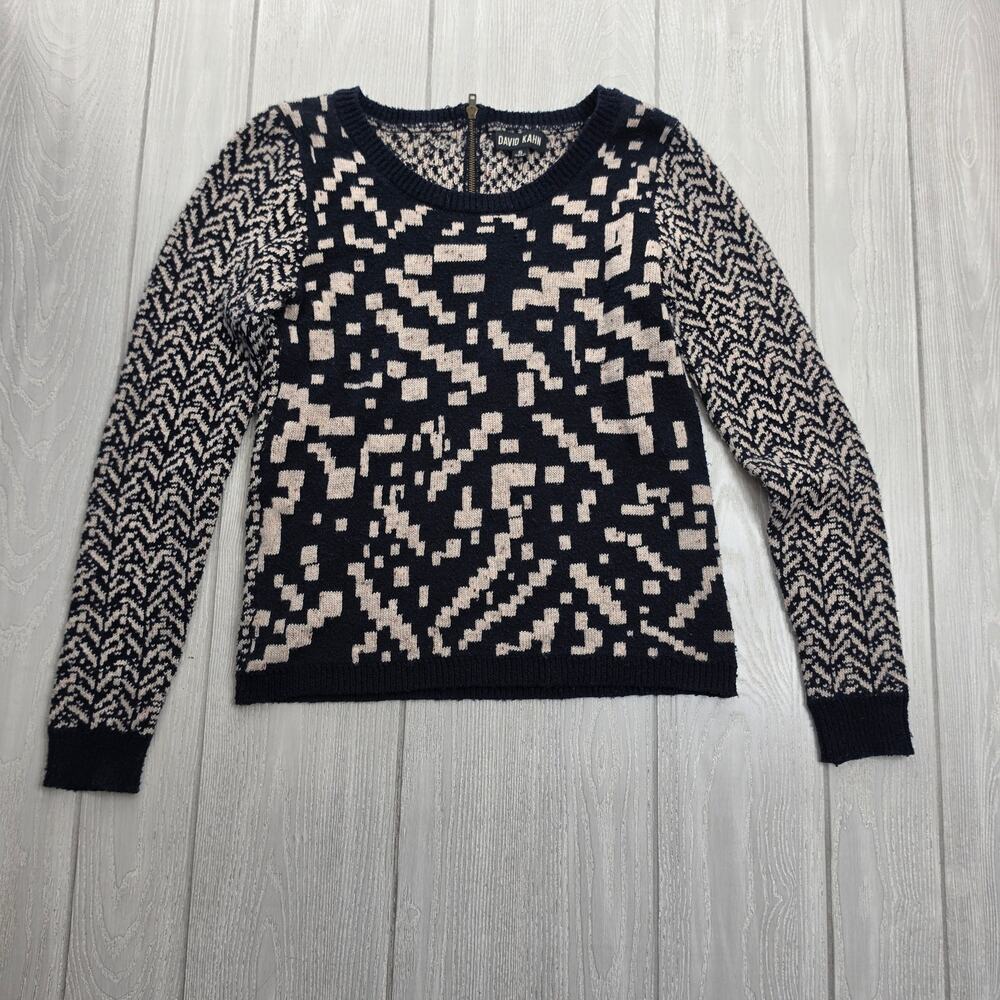 David Khan Navy Blue & Oatmeal Tan Scoop Neck Pullover Knit Sweater Size Small